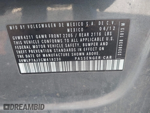 2012 Volkswagen Jetta SEL z VIN 3VWLP7AJ2CM418230, wystawiony jako IAAI lot #41792896 z przebiegiem 220 036 mil mil oraz . Historia ofert i sprzedaży dostępna na DreamBid. Obrazek 9.