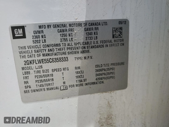 2012 GMC Terrain SLT-2 with VIN 2GKFLWE55C6358333, listed as a Copart auction lot 61654865 with 164,249 mi miles and Salvage title. Bid and sale history available at DreamBid. Image 13.