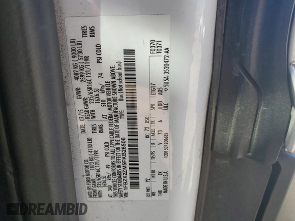 2015 Ford Transit XL with VIN 1FBZX2ZM5FKB26506, listed as a Copart auction lot 57440905 with 98,487 mi miles and Salvage title. Bid and sale history available at DreamBid. Image 14.