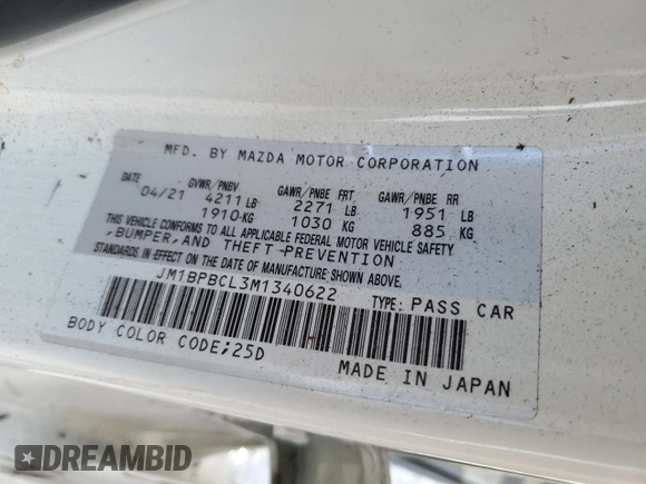2021 Mazda 3 Preferred with VIN JM1BPBCL3M1340622, listed as a Copart auction lot 68418964 with 41,524 mi miles and Salvage Title. Bid and sale history available at DreamBid. Image 12.