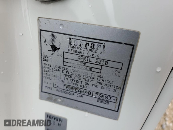 2010 Ferrari 599 z VIN ZFF60FCA0A0173683, wystawiony jako Copart lot #74913514 z przebiegiem Nie podano mil oraz Szkody całkowita. Historia ofert i sprzedaży dostępna na DreamBid. Obrazek 12.