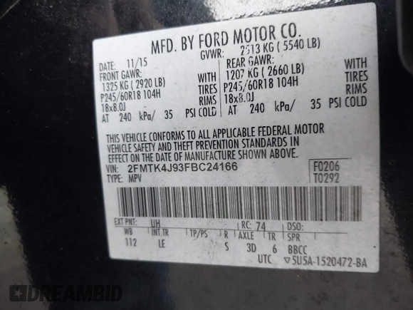 2015 Ford Edge SEL with VIN 2FMTK4J93FBC24166, listed as a IAAI auction lot 41322955 with 91,362 mi miles. Bid and sale history available at carsss.com. Image 9.