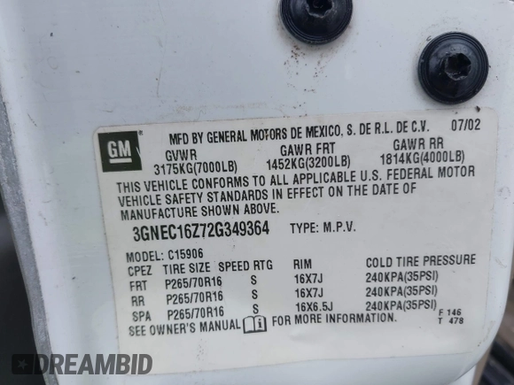 2002 Chevrolet Suburban LS with VIN 3GNEC16Z72G349364, listed as a IAAI auction lot 42423290 with Not provided miles and . Bid and sale history available at DreamBid. Image 9.