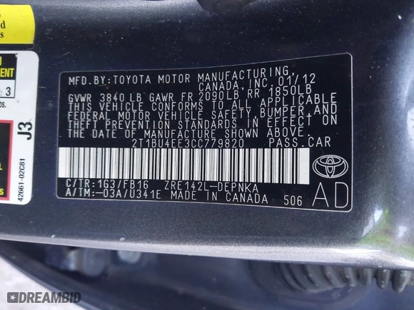 2012 Toyota Corolla L with VIN 2T1BU4EE3CC779820, listed as a IAAI auction lot 41744727 with 131,739 mi miles. Bid and sale history available at carsss.com. Image 9.