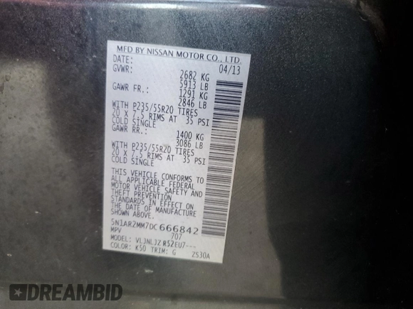 2013 Nissan Pathfinder SL with VIN 5N1AR2MM7DC666842, listed as a Copart auction lot 49865505 with 125,748 mi miles and Salvage Title. Bid and sale history available at carsss.com. Image 14.