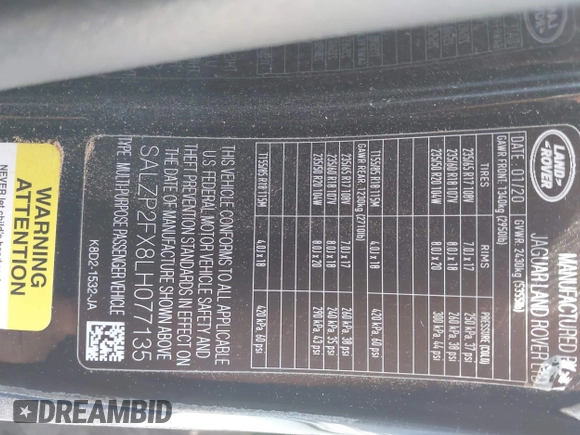 2020 Land Rover Range Rover Evoque SE with VIN SALZP2FX8LH077135, listed as a IAAI auction lot 42160954 with 68,541 mi miles and . Bid and sale history available at DreamBid. Image 9.