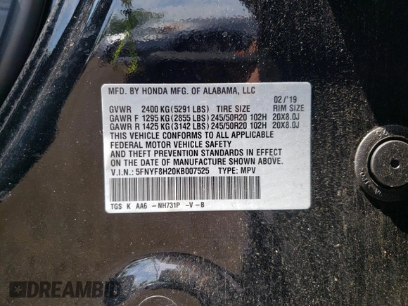 2019 Honda Passport Sport with VIN 5FNYF8H20KB007525, listed as a Copart auction lot 62453225 with 13,443 mi miles and Salvage title. Bid and sale history available at DreamBid. Image 13.