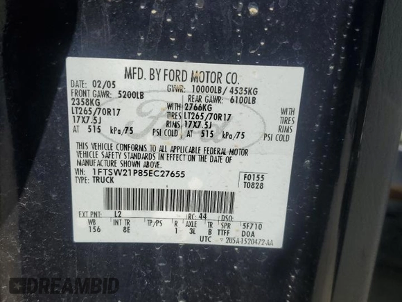2005 Ford F-250 XL с VIN 1FTSW21P85EC27655, выставлен на аукционе Copart как лот 54161755 с пробегом 186 502 миль миль и Списание • Salvage title. История ставок и продаж доступна на DreamBid. Изображение 13.