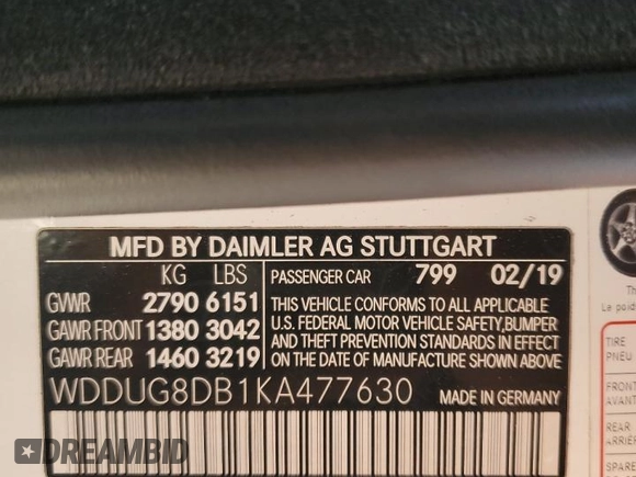 2019 Mercedes-Benz S 560 with VIN WDDUG8DB1KA477630, listed as a Copart auction lot 56252885 with 111,758 mi miles and Salvage title. Bid and sale history available at DreamBid. Image 13.