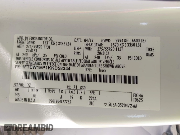 2019 Ford F-150 XL with VIN 1FTEW1EP1KKD58344, listed as a IAAI auction lot 42574848 with 54,133 mi miles and . Bid and sale history available at DreamBid. Image 9.