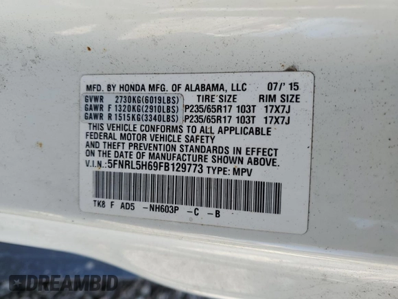 2015 Honda Odyssey EX-L with VIN 5FNRL5H69FB129773, listed as a Copart auction lot 48389155 with 143,047 mi miles and Clean Title. Bid and sale history available at DreamBid. Image 13.