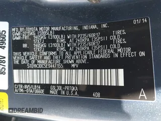 2014 Toyota Sienna XLE with VIN 5TDYK3DC5ES447155, listed as a IAAI auction lot 42003951 with 60,064 mi miles and . Bid and sale history available at DreamBid. Image 9.