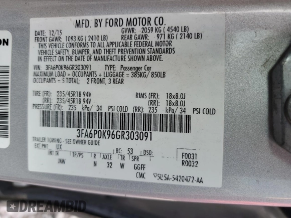 2016 Ford Fusion Titanium with VIN 3FA6P0K96GR303091, listed as a Copart auction lot 46146565 with 194,323 mi miles and Salvage Title. Bid and sale history available at DreamBid. Image 13.