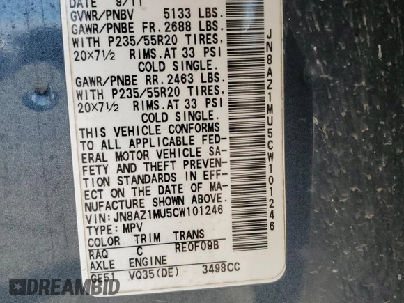 2012 Nissan Murano LE with VIN JN8AZ1MU5CW101246, listed as a Copart auction lot 80075154 with 110,638 mi miles and Salvage Title. Bid and sale history available at DreamBid. Image 15.