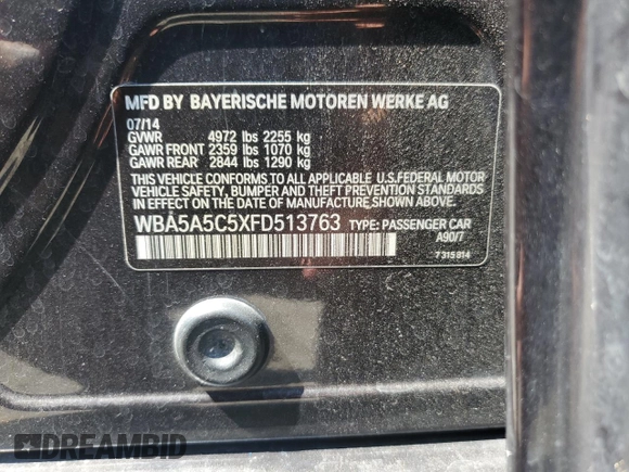 2015 BMW 5 Series 528i with VIN WBA5A5C5XFD513763, listed as a Copart auction lot 63825535 with 147,982 mi miles and Salvage title. Bid and sale history available at DreamBid. Image 12.