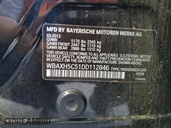 2013 BMW 5 Series 528i xDrive with VIN WBAXH5C51DD112846, listed as a Copart auction lot 57757235 with 119,511 mi miles and Clean title. Bid and sale history available at DreamBid. Image 12.