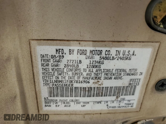 1989 Lincoln Town Car z VIN 1LNBM81F8KY816906, wystawiony jako Copart lot #51316715 z przebiegiem 361 830 mil mil oraz Szkoda całkowita • Salvage title. Historia ofert i sprzedaży dostępna na DreamBid. Obrazek 13.