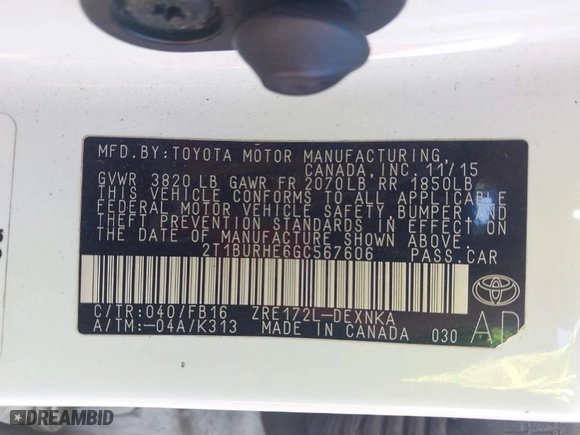2016 Toyota Corolla L with VIN 2T1BURHE6GC567606, listed as a IAAI auction lot 41700881 with 150,008 mi miles. Bid and sale history available at carsss.com. Image 9.