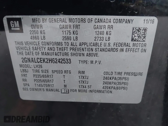 2017 Chevrolet Equinox LT with VIN 2GNALCEK2H6242533, listed as a IAAI auction lot 41740211 with 111,116 mi miles and . Bid and sale history available at DreamBid. Image 9.
