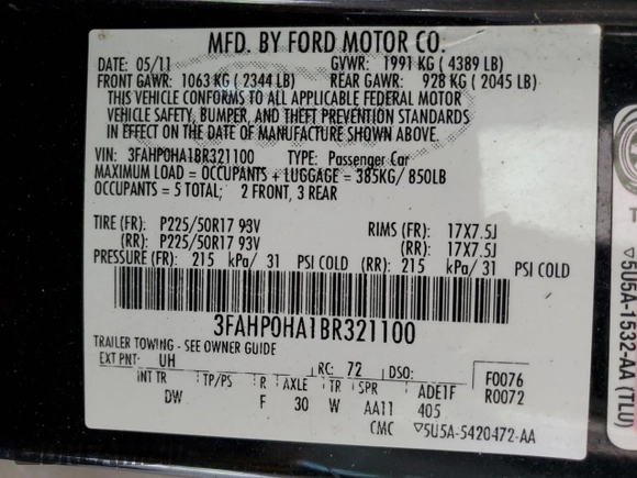 2011 Ford Fusion SE with VIN 3FAHP0HA1BR321100, listed as a Copart auction lot 53870005 with Not Provided miles and Salvage Title. Bid and sale history available at carsss.com. Image 12.