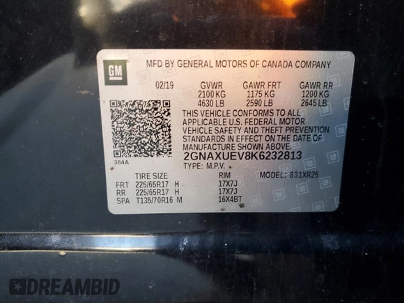 2019 Chevrolet Equinox LT with VIN 2GNAXUEV8K6232813, listed as a Copart auction lot 48414775 with 95,312 mi miles and Salvage Title. Bid and sale history available at DreamBid. Image 13.