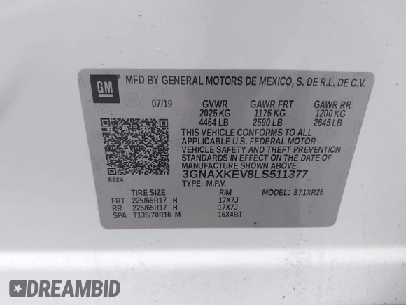 2020 Chevrolet Equinox LT z VIN 3GNAXKEV8LS511377, wystawiony jako IAAI lot #41712528 z przebiegiem 53 786 mil mil oraz . Historia ofert i sprzedaży dostępna na DreamBid. Obrazek 9.