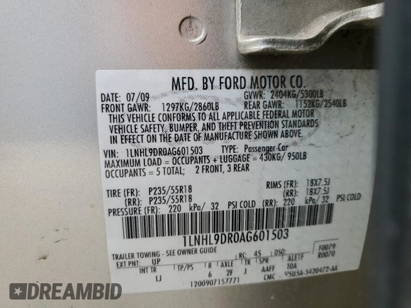 2010 Lincoln MKS with VIN 1LNHL9DR0AG601503, listed as a Copart auction lot 44265785 with 170,426 mi miles and Salvage Title. Bid and sale history available at DreamBid. Image 12.