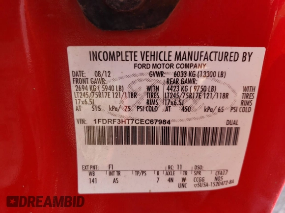 2012 Ford F-350 XL с VIN 1FDRF3HT7CEC67984, выставлен на аукционе Copart как лот 87366774 с пробегом 84 069 миль миль и Списание • Salvage title. История ставок и продаж доступна на DreamBid. Изображение 13.