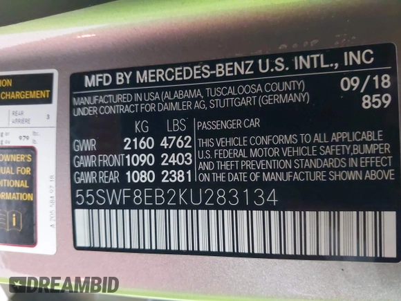 2019 Mercedes-Benz C 300 with VIN 55SWF8EB2KU283134, listed as a IAAI auction lot 42102759 with 77,641 mi miles and . Bid and sale history available at DreamBid. Image 9.