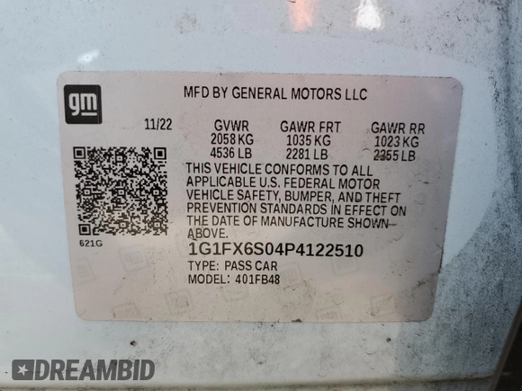 2023 Chevrolet Bolt EV 2LT with VIN 1G1FX6S04P4122510, listed as a Copart auction lot 60584705 with 12,291 mi miles and Salvage title. Bid and sale history available at DreamBid. Image 13.