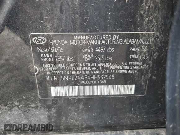 2017 Hyundai Sonata 2.4L with VIN 5NPE24AF4HH532568, listed as a Copart auction lot 51643865 with 158,057 mi miles and Salvage Title. Bid and sale history available at DreamBid. Image 13.