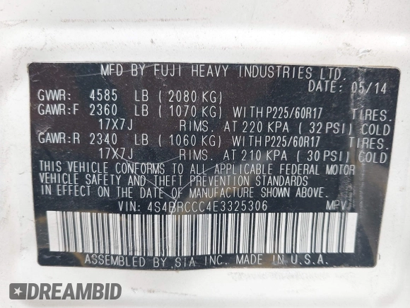 2014 Subaru Outback Premium with VIN 4S4BRCCC4E3325306, listed as a IAAI auction lot 41854473 with 157,393 mi miles and . Bid and sale history available at DreamBid. Image 9.
