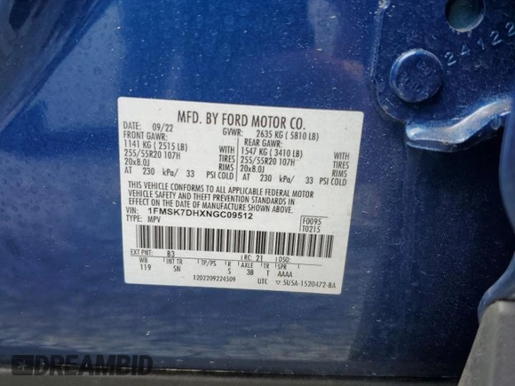 2022 Ford Explorer XLT with VIN 1FMSK7DHXNGC09512, listed as a Copart auction lot 53540175 with 32,614 mi miles and Salvage title. Bid and sale history available at DreamBid. Image 13.