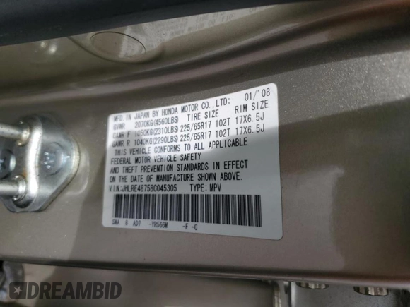 2008 Honda CR-V EX-L with VIN JHLRE48758C045305, listed as a Copart auction lot 45600265 with 122,604 mi miles and Salvage Title. Bid and sale history available at carsss.com. Image 13.