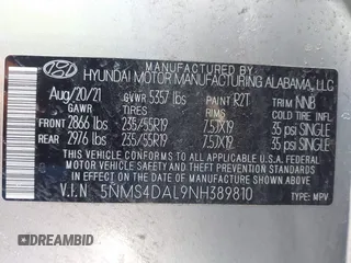2022 Hyundai Santa Fe Limited with VIN 5NMS4DAL9NH389810, listed as a IAAI auction lot 41810611 with 40,275 mi miles. Bid and sale history available at carsss.com. Image 9.