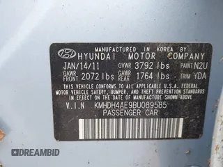2011 Hyundai Elantra GLS с VIN KMHDH4AE9BU089585, выставлен на аукционе IAAI как лот 42463477 с пробегом 203 775 миль миль и . История ставок и продаж доступна на DreamBid. Изображение 9.