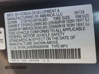 2024 Honda Odyssey EX-L with VIN 5FNRL6H69RB069598, listed as a Copart auction lot 81798314 with Not Provided miles and Salvage Title. Bid and sale history available at DreamBid. Image 15.