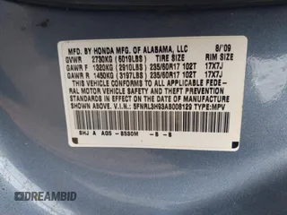 2010 Honda Odyssey Touring with VIN 5FNRL3H93AB008129, listed as a IAAI auction lot 42115112 with 260,075 mi miles. Bid and sale history available at carsss.com. Image 9.