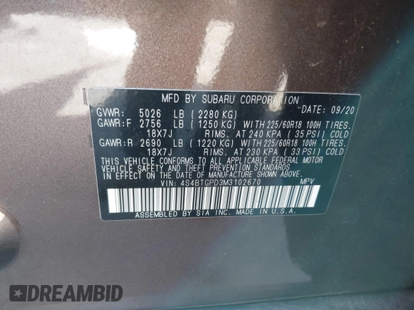 2021 Subaru Outback Touring XT with VIN 4S4BTGPD3M3102670, listed as a IAAI auction lot 42517137 with 25,853 mi miles and . Bid and sale history available at DreamBid. Image 9.