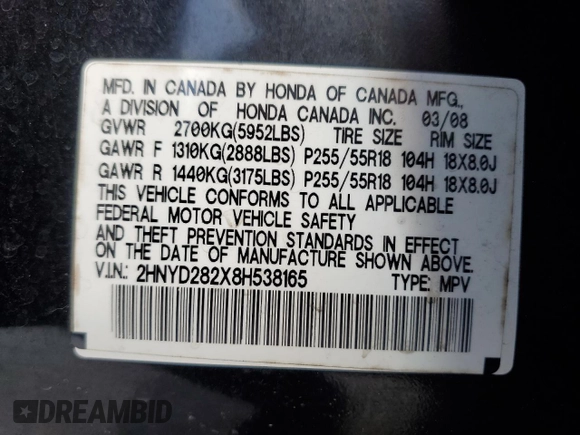 2008 Acura MDX with VIN 2HNYD282X8H538165, listed as a Copart auction lot 52213115 with 190,989 mi miles and Salvage Title. Bid and sale history available at DreamBid. Image 15.