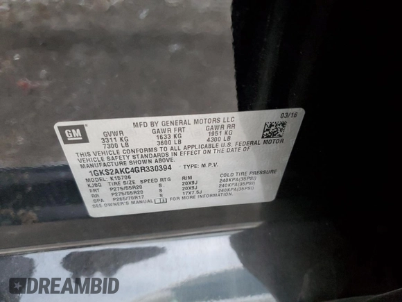 2016 GMC Yukon SLE with VIN 1GKS2AKC4GR330394, listed as a Copart auction lot 88857125 with 0 mi miles and Salvage Title. Bid and sale history available at carsss.com. Image 13.