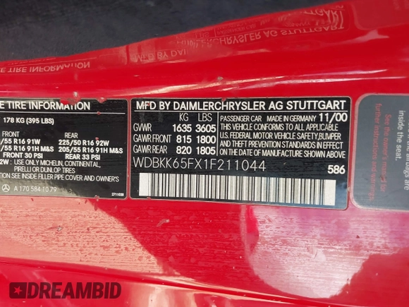 2001 Mercedes-Benz SLK 230/320 with VIN WDBKK65FX1F211044, listed as a IAAI auction lot 42210103 with 139,226 mi miles and . Bid and sale history available at DreamBid. Image 9.