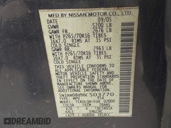 2006 Nissan Xterra SE z VIN 5N1AN08U96C503770, wystawiony jako IAAI lot #42514995 z przebiegiem 254 800 mil mil oraz . Historia ofert i sprzedaży dostępna na DreamBid. Obrazek 9.