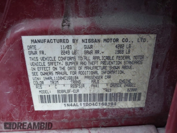 2004 Nissan Altima S with VIN 1N4AL11D04C168184, listed as a IAAI auction lot 41728423 with 223,121 mi miles. Bid and sale history available at carsss.com. Image 9.