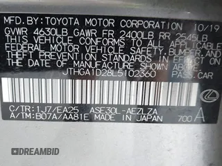 2020 Lexus IS 300 F Sport with VIN JTHGA1D28L5102360, listed as a IAAI auction lot 42591416 with 59,777 mi miles and . Bid and sale history available at DreamBid. Image 9.