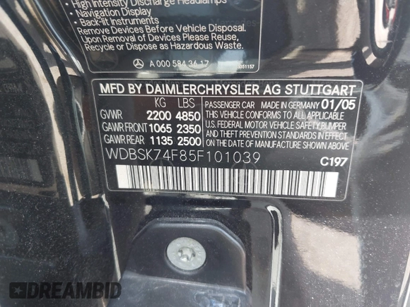 2005 Mercedes-Benz SL 55 AMG with VIN WDBSK74F85F101039, listed as a IAAI auction lot 42812397 with 76,452 mi miles and . Bid and sale history available at DreamBid. Image 9.