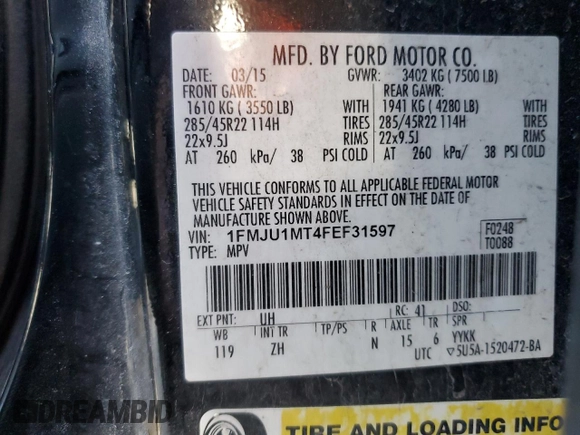 2015 Ford Expedition Platinum with VIN 1FMJU1MT4FEF31597, listed as a Copart auction lot 50066065 with 157,523 mi miles and Salvage title. Bid and sale history available at DreamBid. Image 14.
