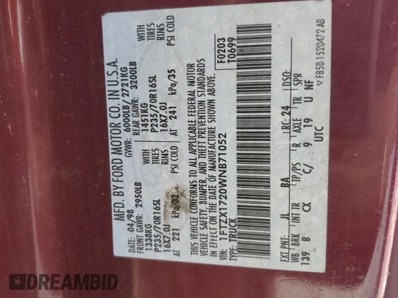 1998 Ford F-150 with VIN 1FTZX1720WNB71052, listed as a Copart auction lot 88342915 with 275,131 mi miles and Salvage title. Bid and sale history available at DreamBid. Image 12.