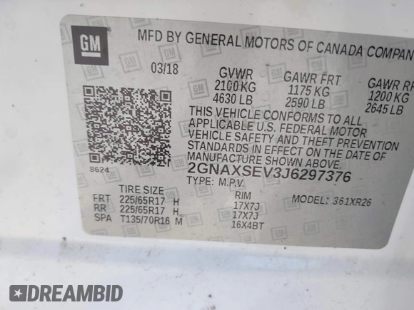 2018 Chevrolet Equinox LT with VIN 2GNAXSEV3J6297376, listed as a IAAI auction lot 41844664 with 119,264 mi miles. Bid and sale history available at carsss.com. Image 9.