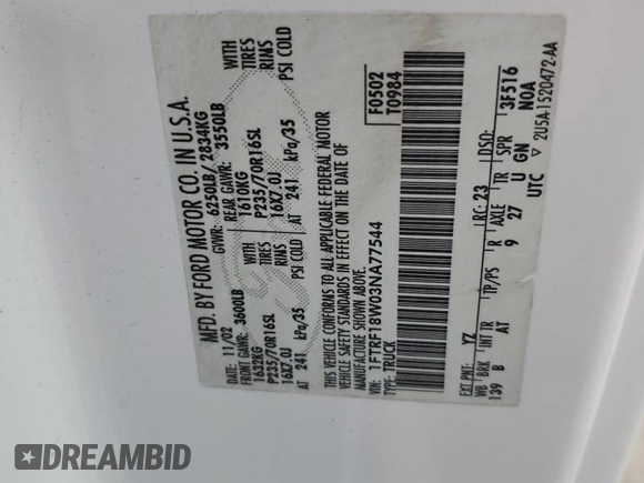 2003 Ford F-150 XL with VIN 1FTRF18W03NA77544, listed as a Copart auction lot 84805894 with Not provided miles and Salvage title. Bid and sale history available at DreamBid. Image 14.